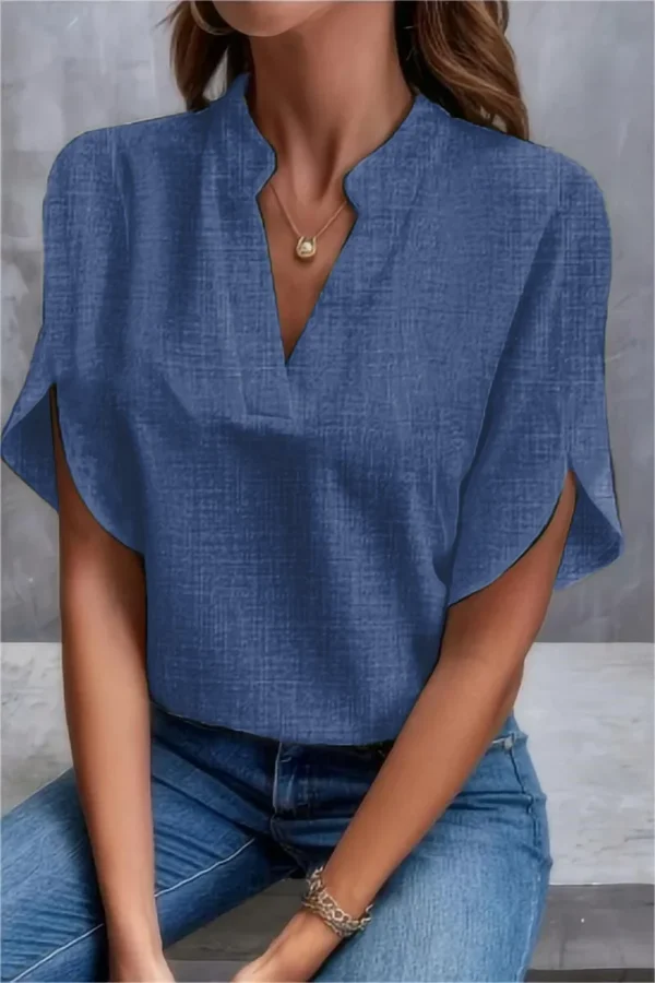 Ladies Summer Off Shoulder V-Neck Loose Linen Pullover Casual Shirt
