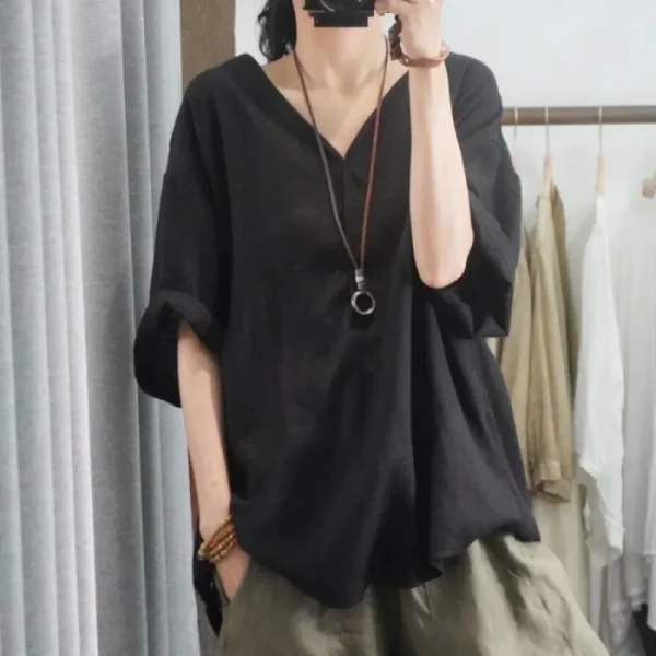 Loose Cotton Linen V-Neck Casual Summer Women's Half Sleeve Shirt - Image 4