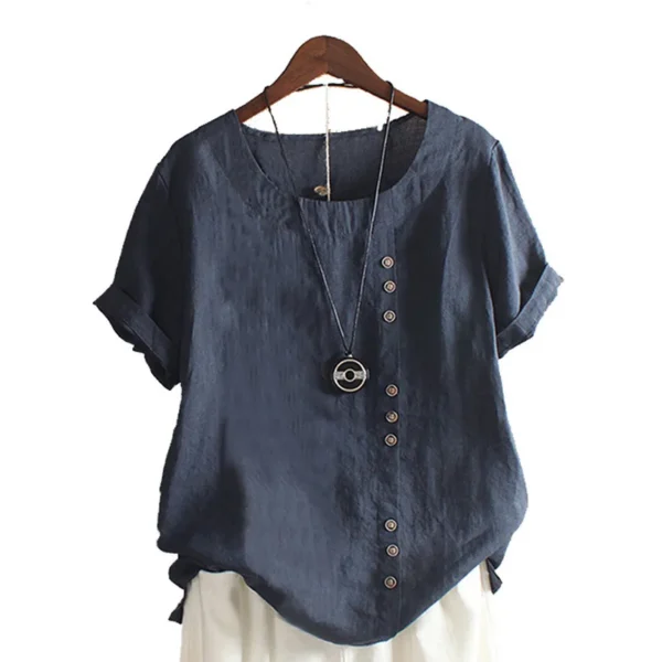 Women Cotton Linen Blouse Summer Solid Short Sleeve Casual Shirt - Image 5
