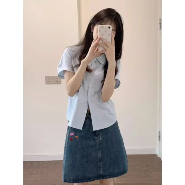French Blue Doll Collar Slim Fit Short Sleeve Women’s Summer Fashion Shirt - Image 3
