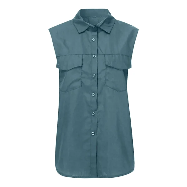 Women Sleeveless Solid Blouse With Pockets Buttons Lapel Summer Top - Image 3