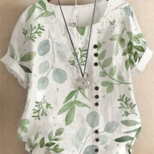 Women’s Floral Print Cotton Linen Blouse Casual Summer Loose Top