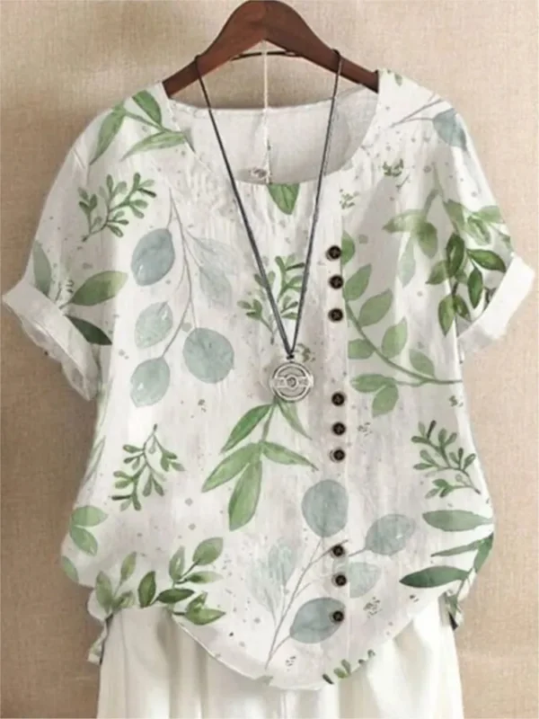 Women’s Floral Print Cotton Linen Blouse Casual Summer Loose Top