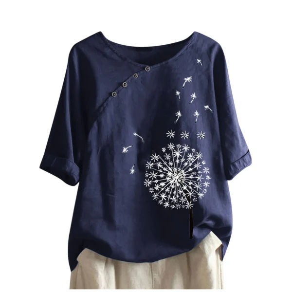 Plus Size Dandelion Print Cotton Linen Summer Casual Retro Blouse - Image 4