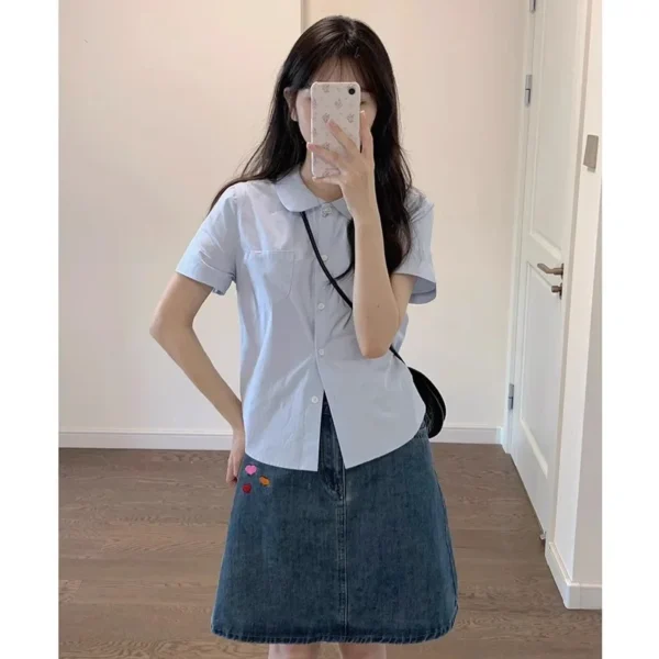 French Blue Doll Collar Slim Fit Short Sleeve Women’s Summer Fashion Shirt - Image 2