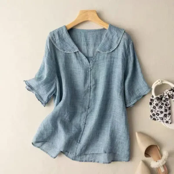 Summer Cotton Linen Lapel Short Sleeve Loose Slim Women’s Shirt - Image 5