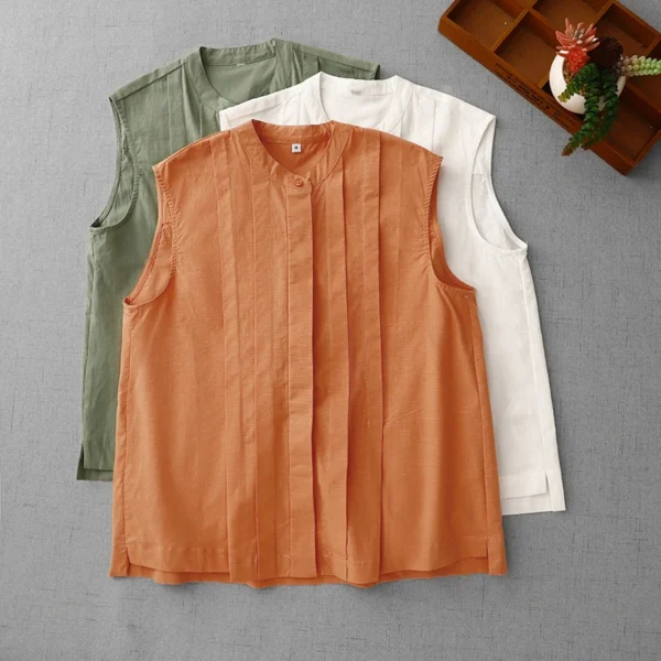 Summer Cotton Linen Sleeveless Shirt Women Loose Casual Undershirt