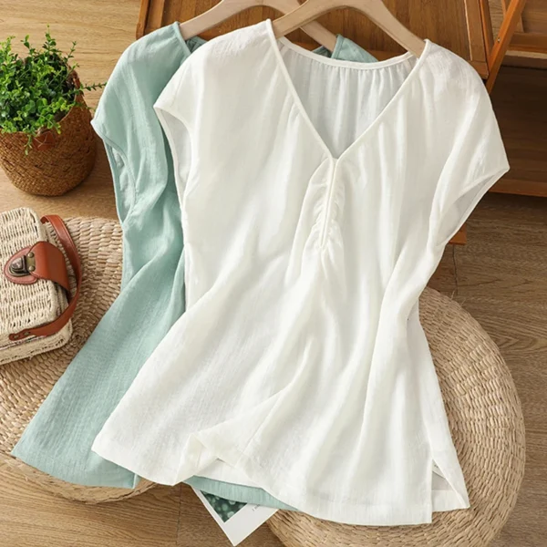 Women Cotton Linen V-Neck Loose Short Sleeve Casual Summer Blouse