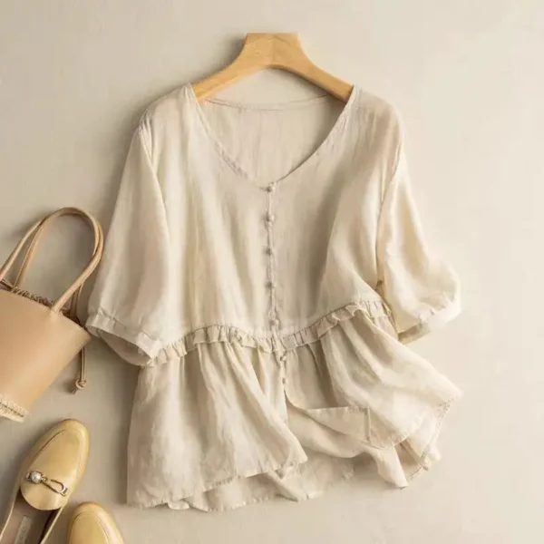 Japanese Cotton Linen V-Neck Short Sleeve Loose Slim Women’s Shirt