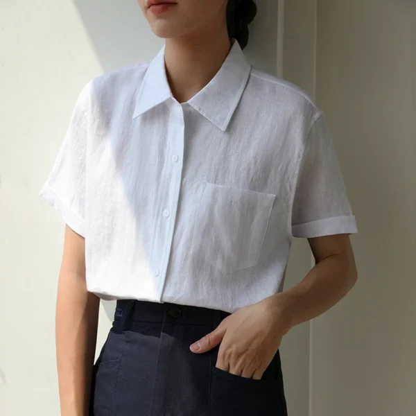 Summer Cotton Linen Blouse Women Casual Loose Short Sleeve Shirt - Image 2