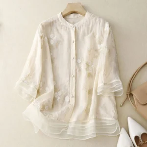 Women's Summer Cotton Linen Embroidered Loose Vintage Casual Shirt