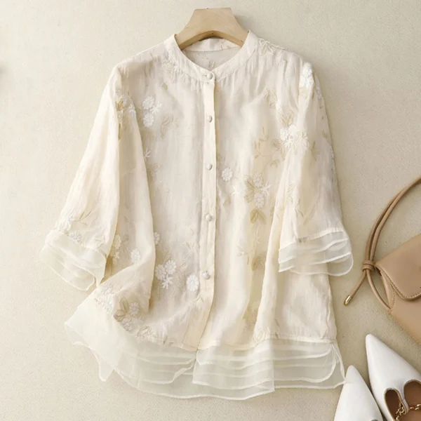 Women's Summer Cotton Linen Embroidered Loose Vintage Casual Shirt
