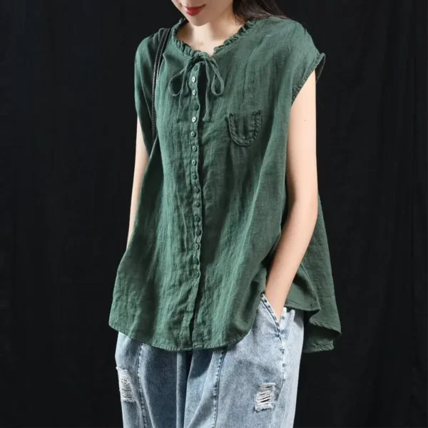 Women's Retro Cotton Linen Vest Shirt Sleeveless Lace-Up Summer Top