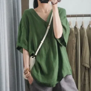 Loose Cotton Linen V-Neck Casual Summer Women's Half Sleeve Shirt