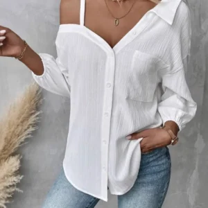 Women’s Off Shoulder V-Neck Button Shirt With Pockets