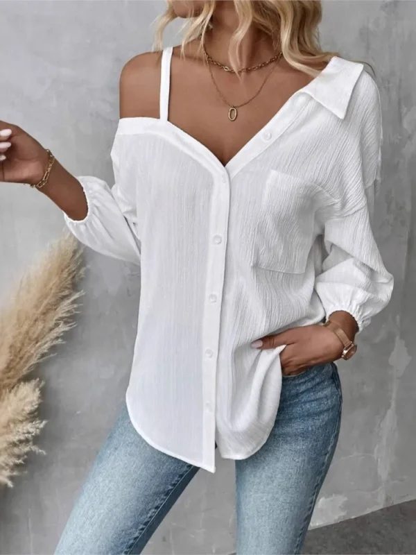 Women’s Off Shoulder V-Neck Button Shirt With Pockets