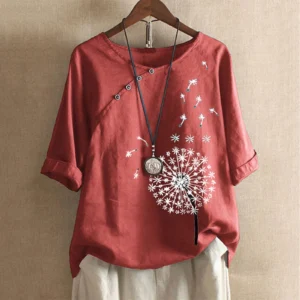 Plus Size Dandelion Print Cotton Linen Summer Casual Retro Blouse