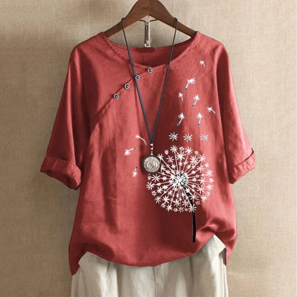 Plus Size Dandelion Print Cotton Linen Summer Casual Retro Blouse