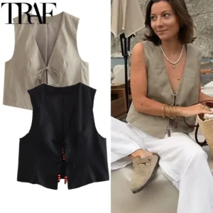 Summer Linen Cropped Sleeveless Vest With Beading Tie Detail