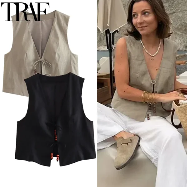 Summer Linen Cropped Sleeveless Vest With Beading Tie Detail
