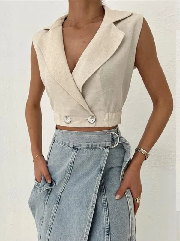 Women Summer Khaki Linen Sleeveless V-Neck Crop Casual Tank Top - Image 2
