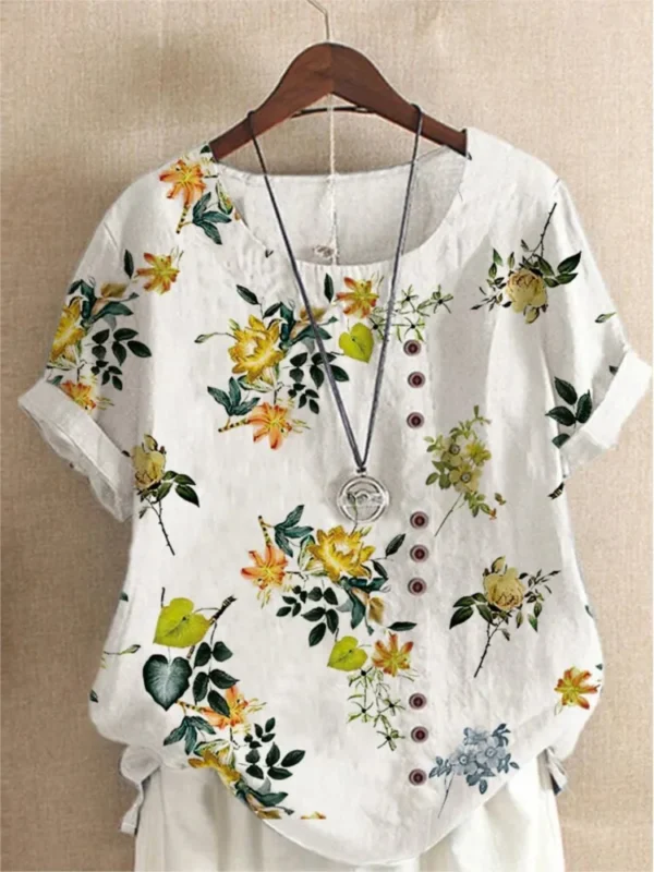 Women’s Floral Print Cotton Linen Blouse Casual Summer Loose Top - Image 5