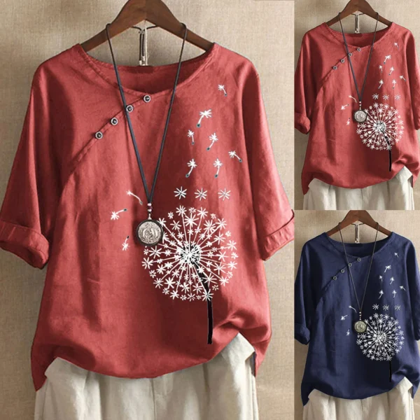 Plus Size Dandelion Print Cotton Linen Summer Casual Retro Blouse - Image 2