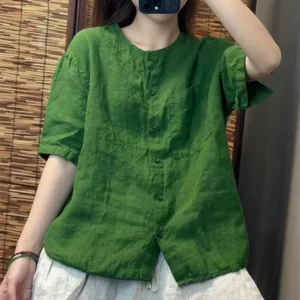 Summer Women's Cotton Linen Shirt Retro Loose Short Sleeve Cardigan Top