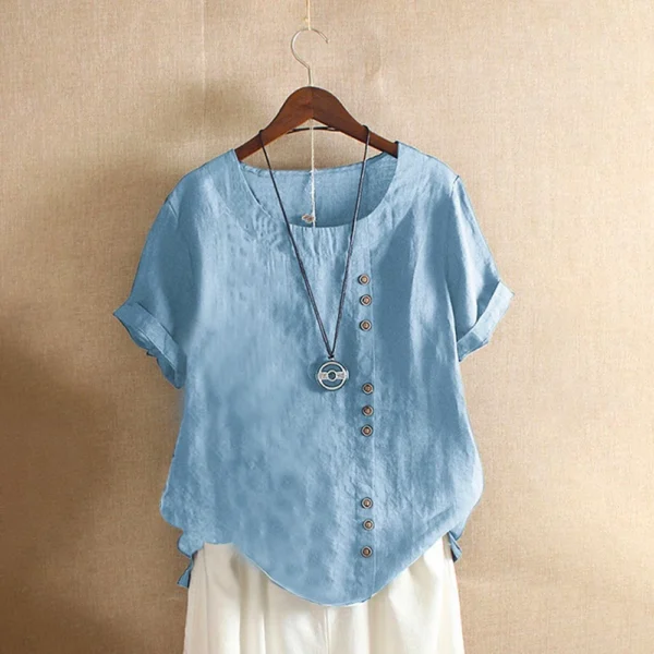 Women Cotton Linen Blouse Summer Solid Short Sleeve Casual Shirt - Image 3