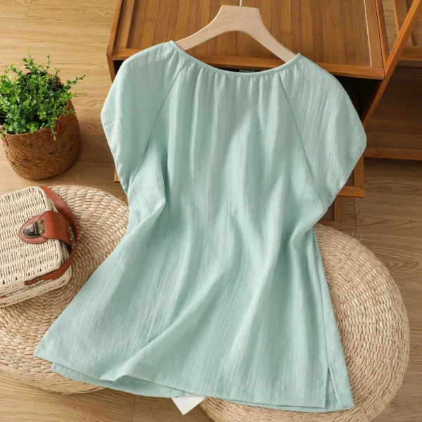 Women Cotton Linen V-Neck Loose Short Sleeve Casual Summer Blouse - Image 4