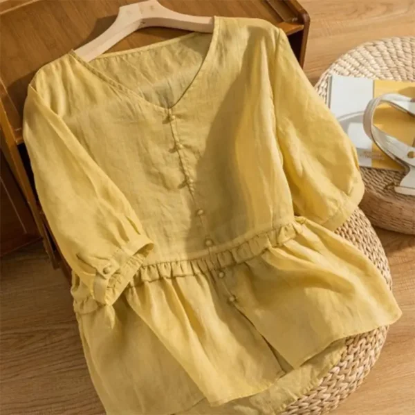 Japanese Cotton Linen V-Neck Short Sleeve Loose Slim Women’s Shirt - Image 4