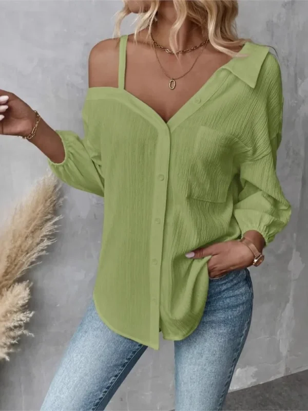 Women’s Off Shoulder V-Neck Button Shirt With Pockets - Image 4