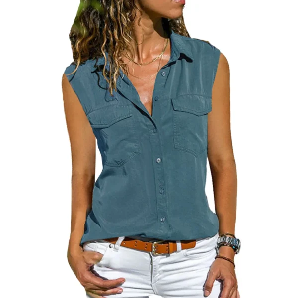Women Sleeveless Solid Blouse With Pockets Buttons Lapel Summer Top - Image 2