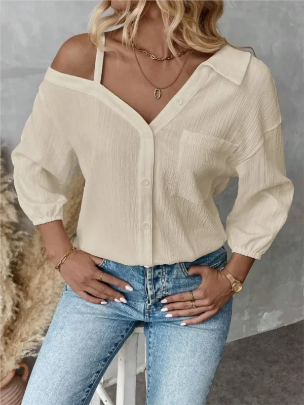 Women’s Off Shoulder V-Neck Button Shirt With Pockets - Image 5