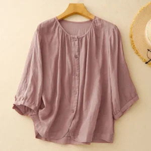 Summer Cotton Linen Round Neck Lantern Sleeve Loose Casual Shirt