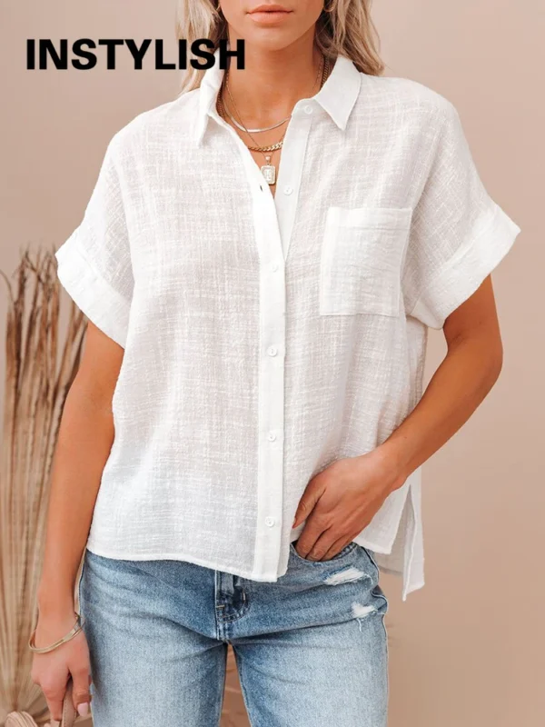 Summer Cotton Linen Oversized Shirt Vintage Casual Loose Blouse Women - Image 5