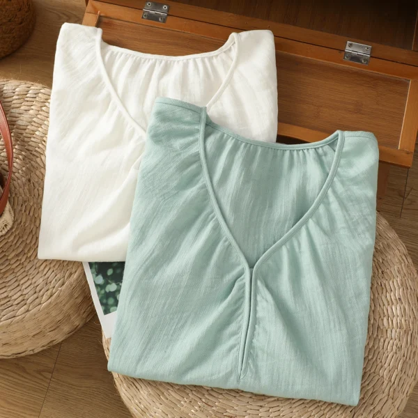 Women Cotton Linen V-Neck Loose Short Sleeve Casual Summer Blouse - Image 5