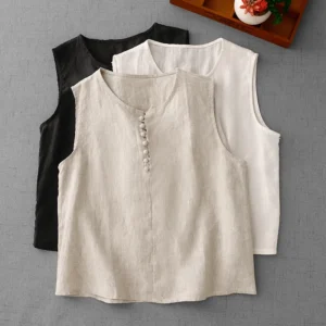 Summer Cotton Linen Single-Breasted Vest Women’s Elegant Casual Shirt