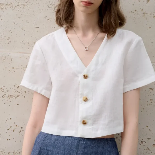 French Linen Women’s Summer V-Neck Vintage Loose Button Shirt - Image 2