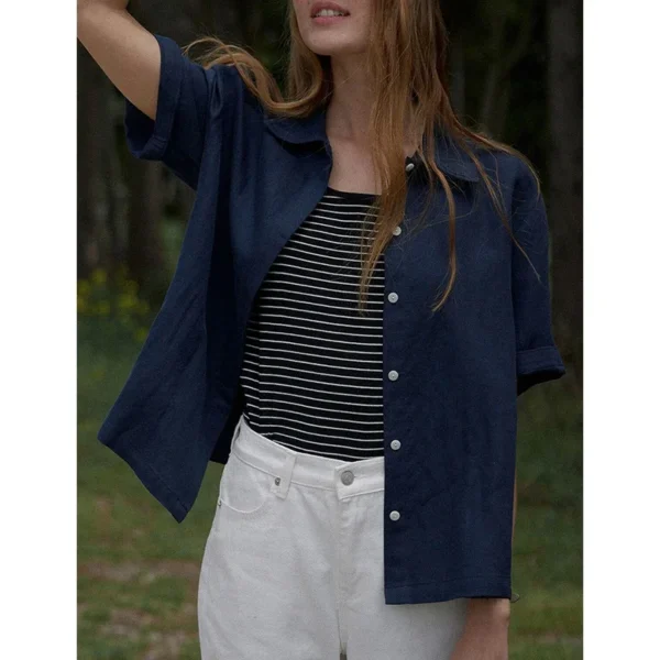 Linen Women’s Summer Casual Loose Short-Sleeved Button Shirt - Image 4