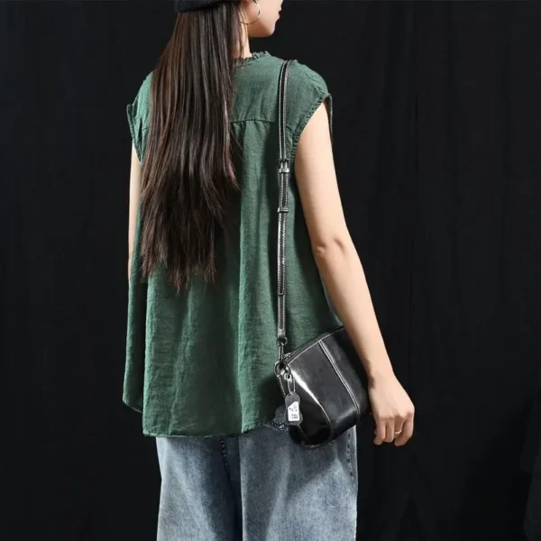 Women's Retro Cotton Linen Vest Shirt Sleeveless Lace-Up Summer Top - Image 2