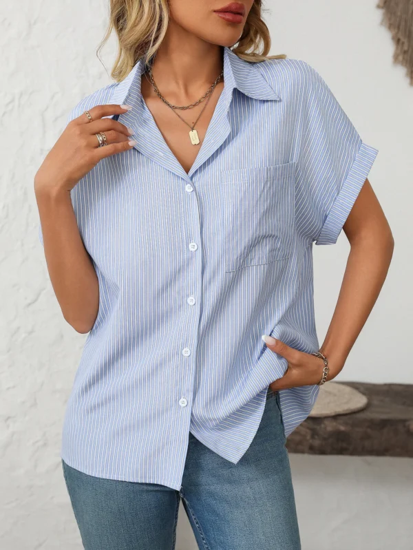 Pink Stripe Ruffle V-Neck Blouse Women Elegant Streetwear Shirt - Image 5