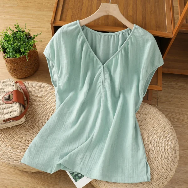 Women Cotton Linen V-Neck Loose Short Sleeve Casual Summer Blouse - Image 2