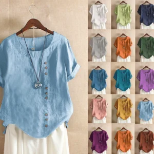 Women Cotton Linen Blouse Summer Solid Short Sleeve Casual Shirt