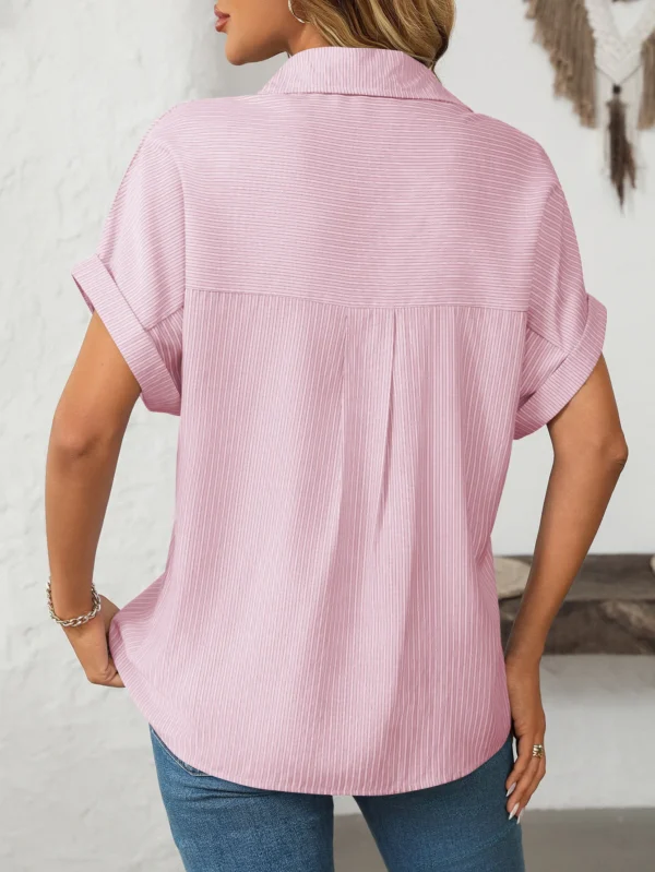 Pink Stripe Ruffle V-Neck Blouse Women Elegant Streetwear Shirt - Image 2