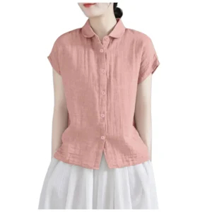 Plus Size Cotton Linen Button Blouse For Women’s Office Summer Wear