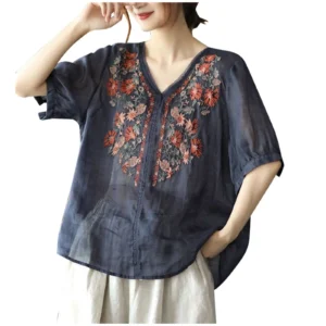 Ethnic Floral Embroidered Cotton Linen V Neck Loose Casual Blouse