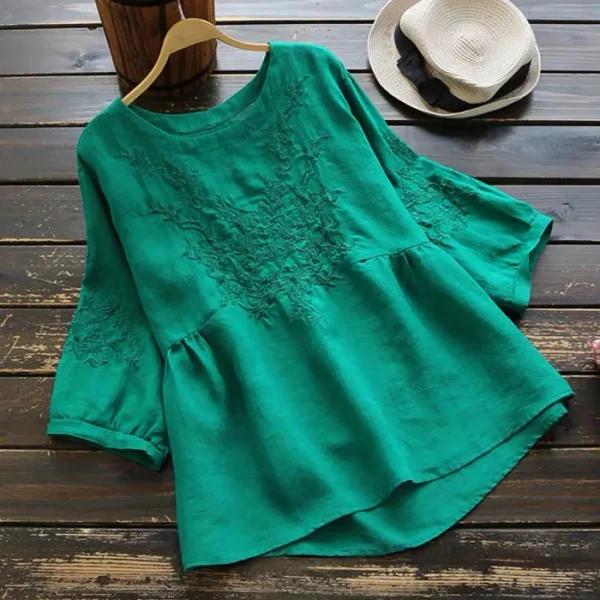 Women Embroidered O-Neck Short Sleeve Ruffle Casual Loose Blouse Shirt - Image 2