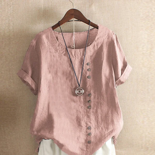 Women Cotton Linen Blouse Summer Solid Short Sleeve Casual Shirt - Image 2