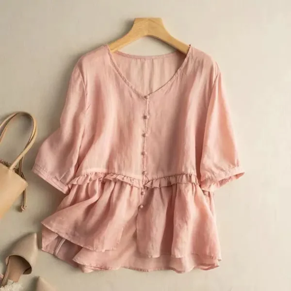 Japanese Cotton Linen V-Neck Short Sleeve Loose Slim Women’s Shirt - Image 2